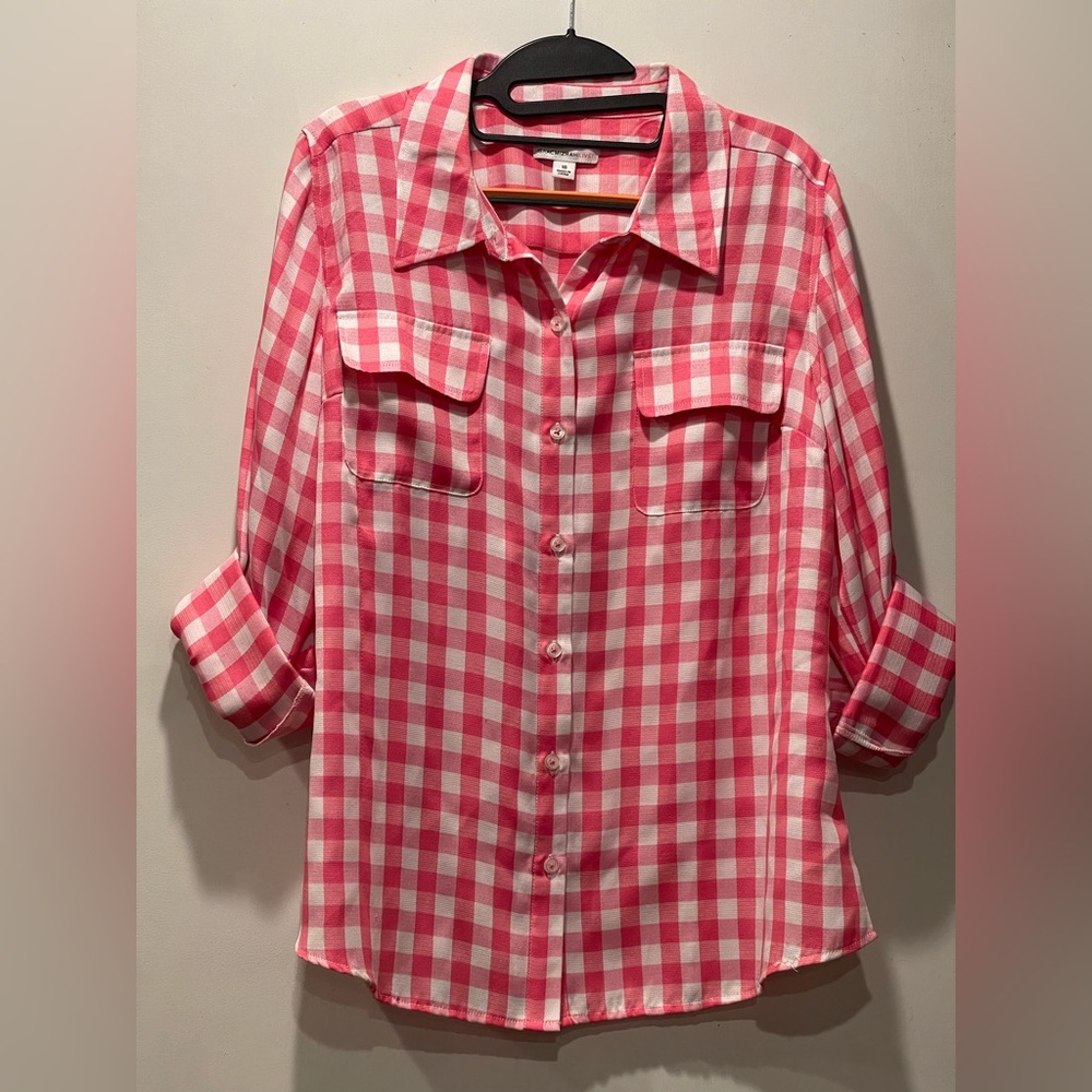 Isaac Mizrahi Pink and White Plaid Shirt, Size 10